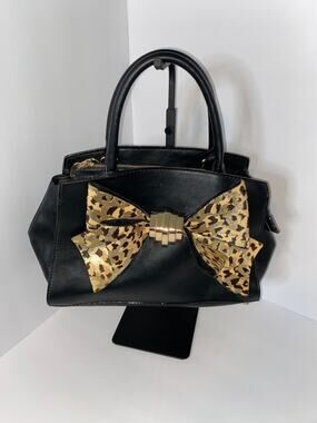 Betsey Johnson Black Satchel Handbag with Leopard Bow Accent
